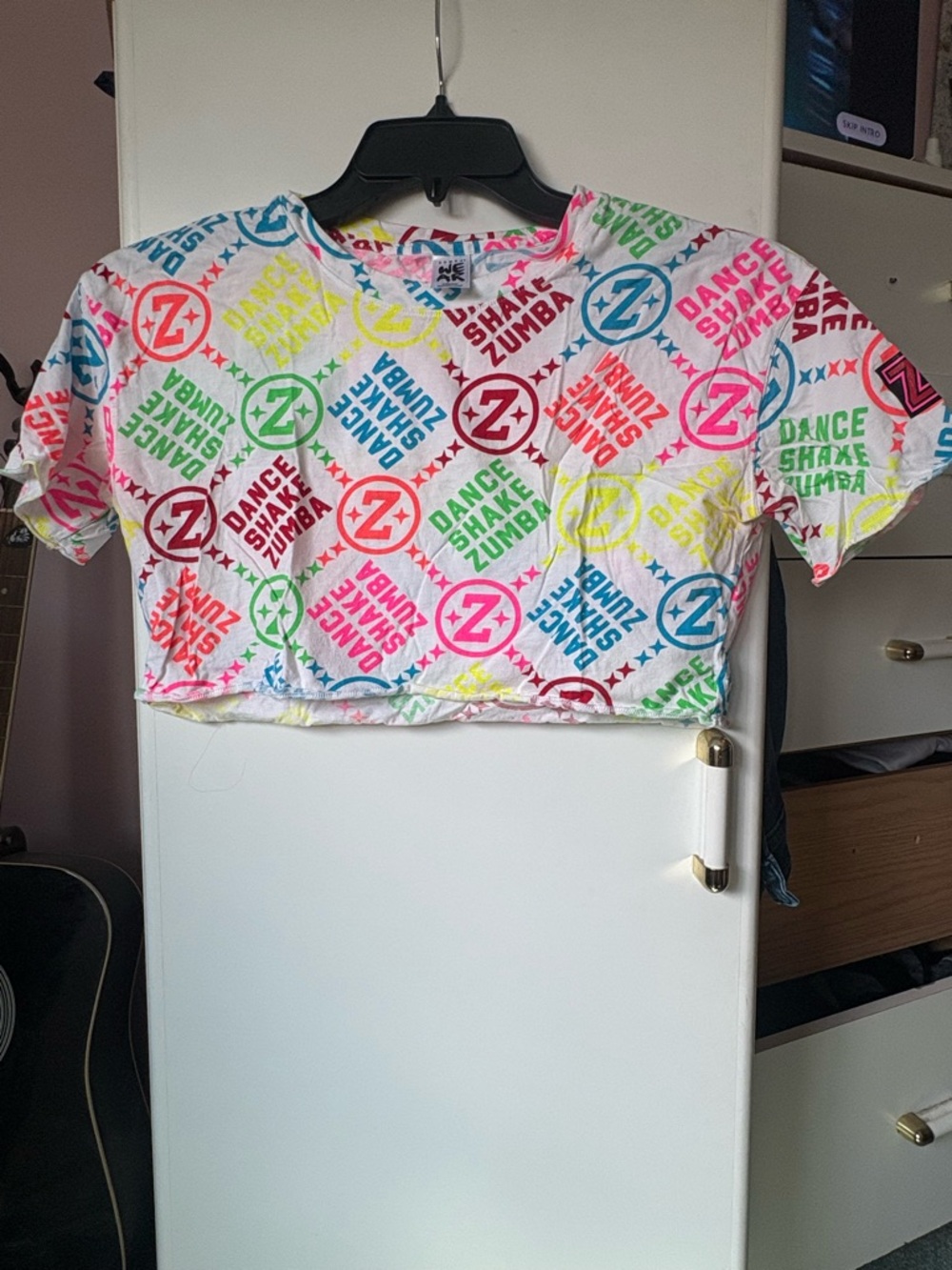 Zumba Fitness White Cropped Tee with Neon Multicolor Logos